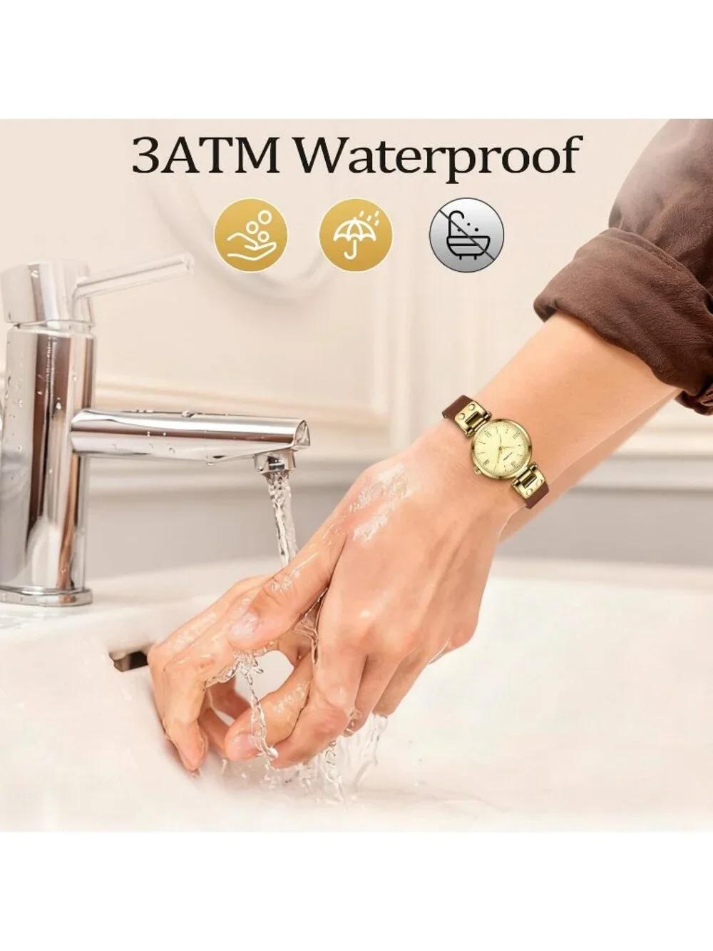 Women's Brown Gold Elegant Classic Small Gold Leather Stylish Ladies Wrist Watch